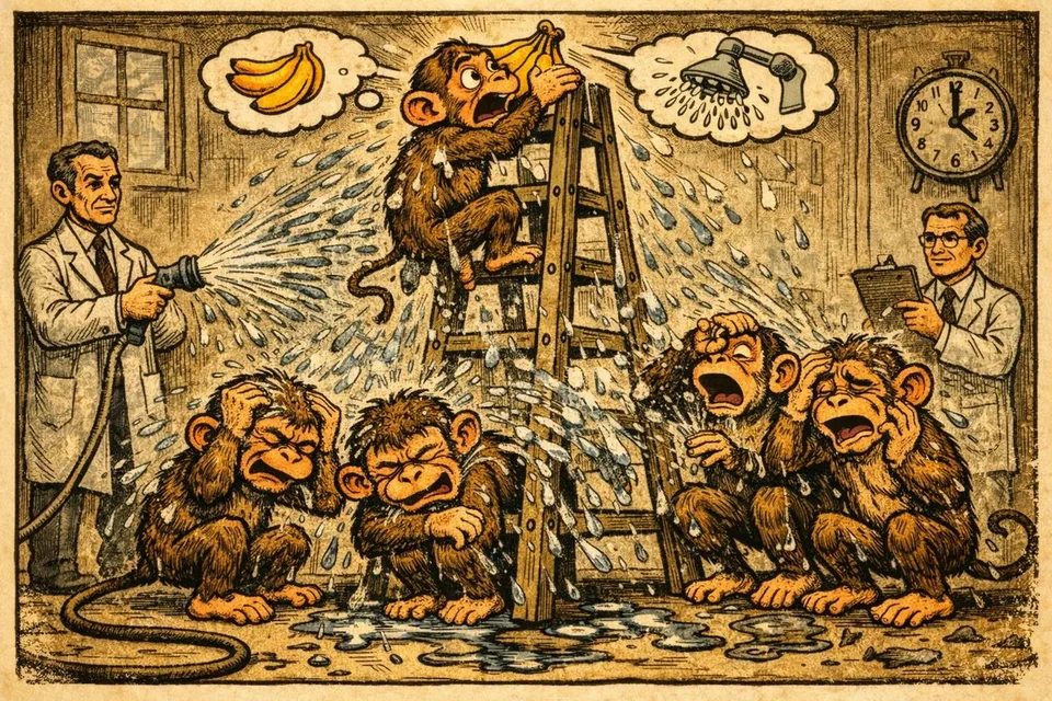 Five monkeys parable illustration